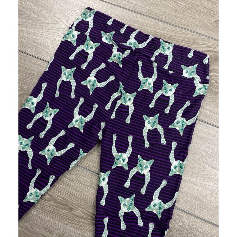 Lularoe Women's Pull On Stretch Striped Cat Print Leggings Purple Sz Tall Curvy - Picture 4 of 11